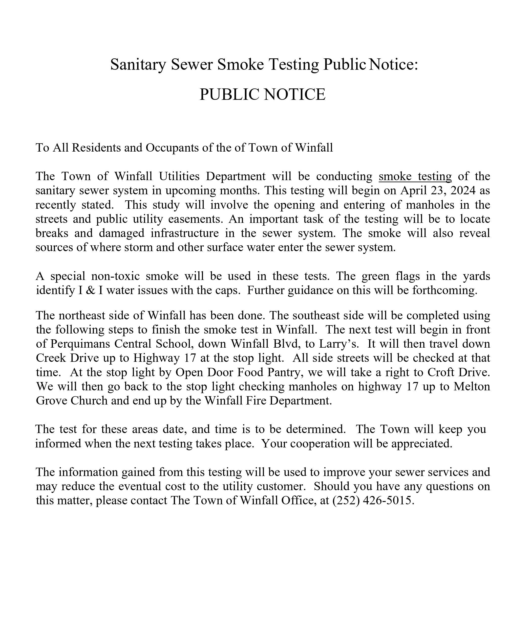 Sanitary Sewer Smoke Testing Public Notice